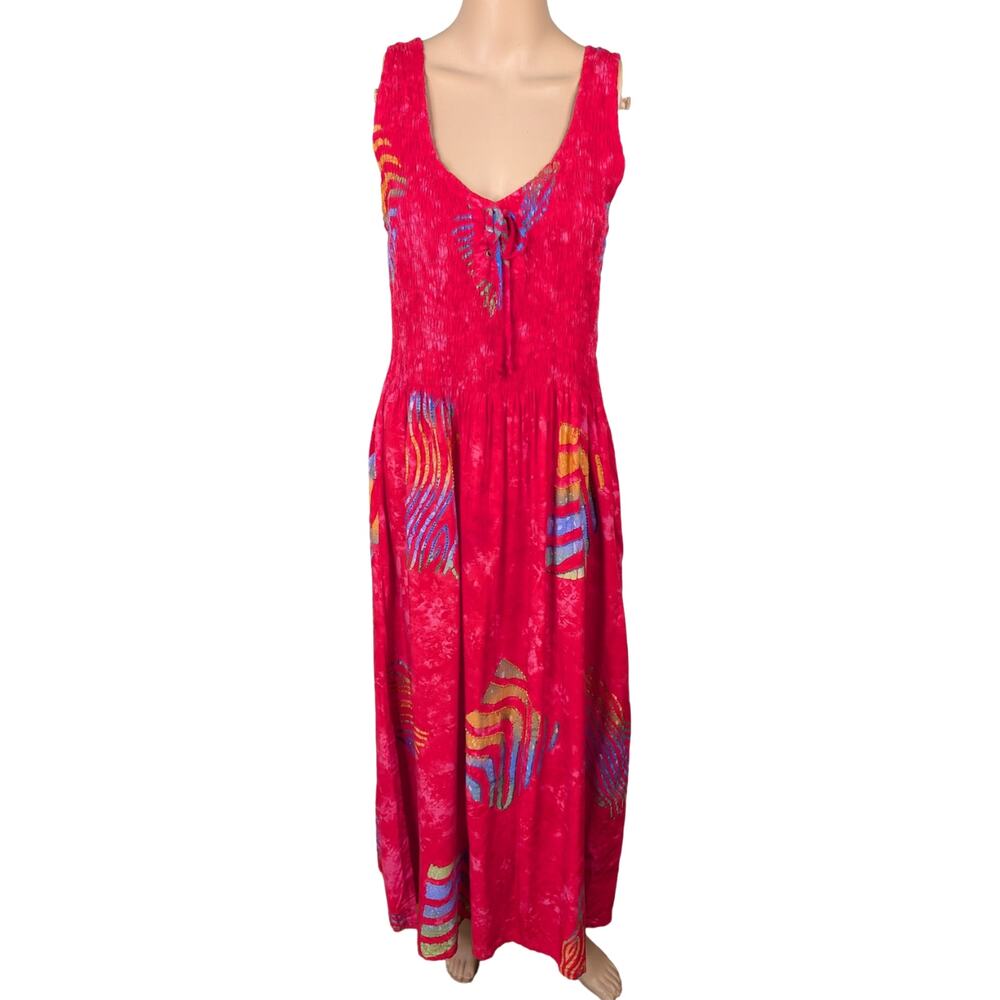 Vintage Bali Batiks Red Hand Painted Beaded Tie Dye Maxi Dress M Boho Festival